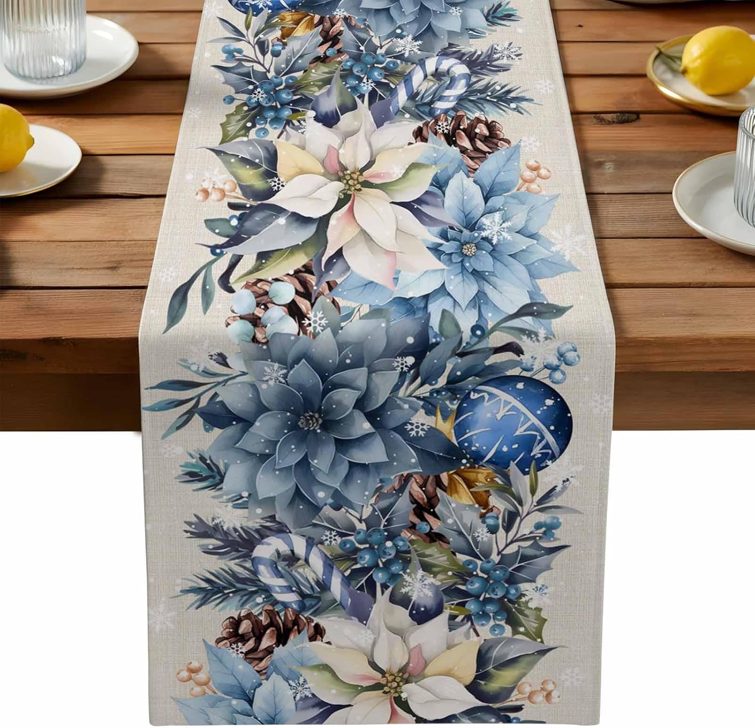 Christmas Table Runner - Christmas Blue Poinsettia Ball Berry Linen