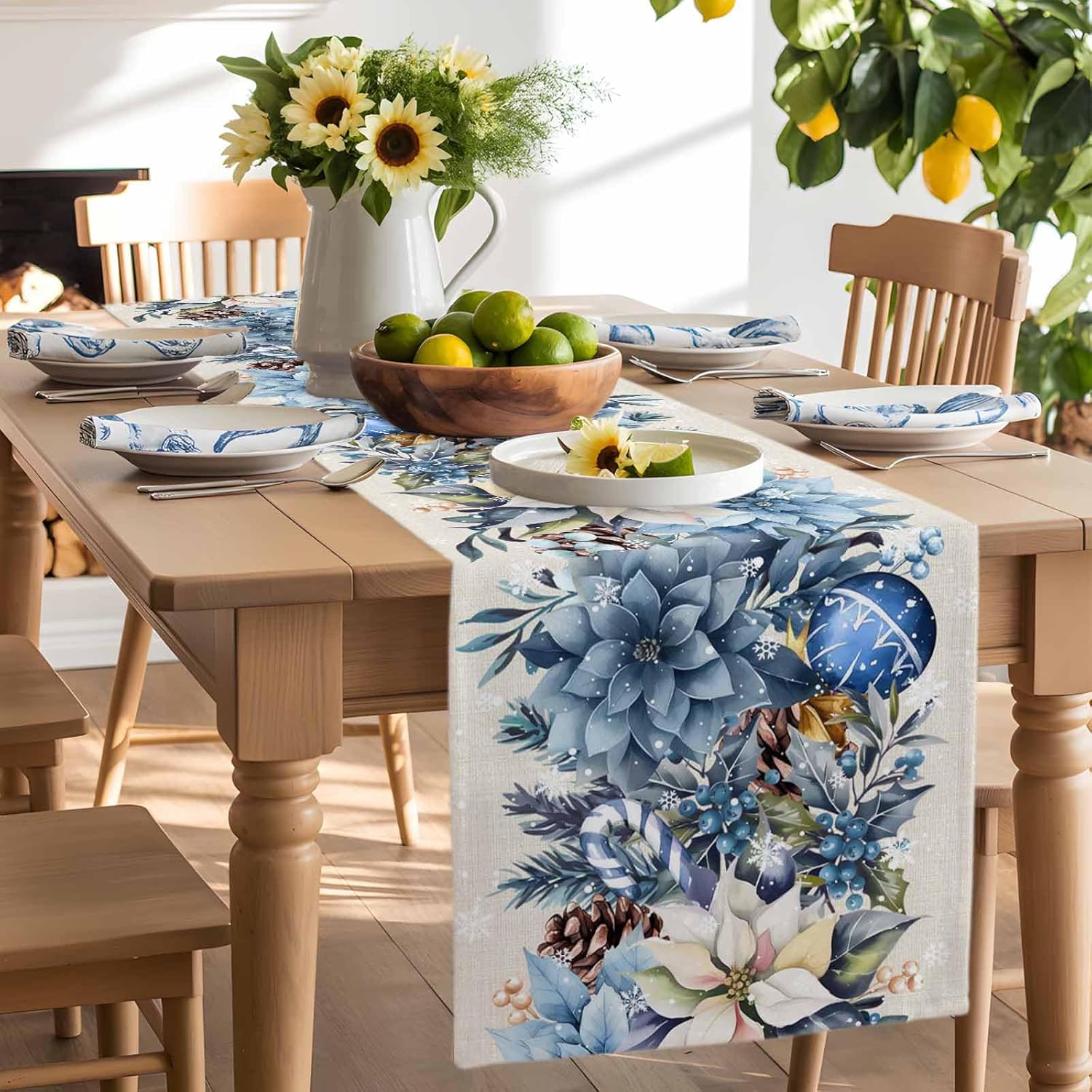 Christmas Blue Poinsettia Ball - Christmas Table Runner 评论和价格