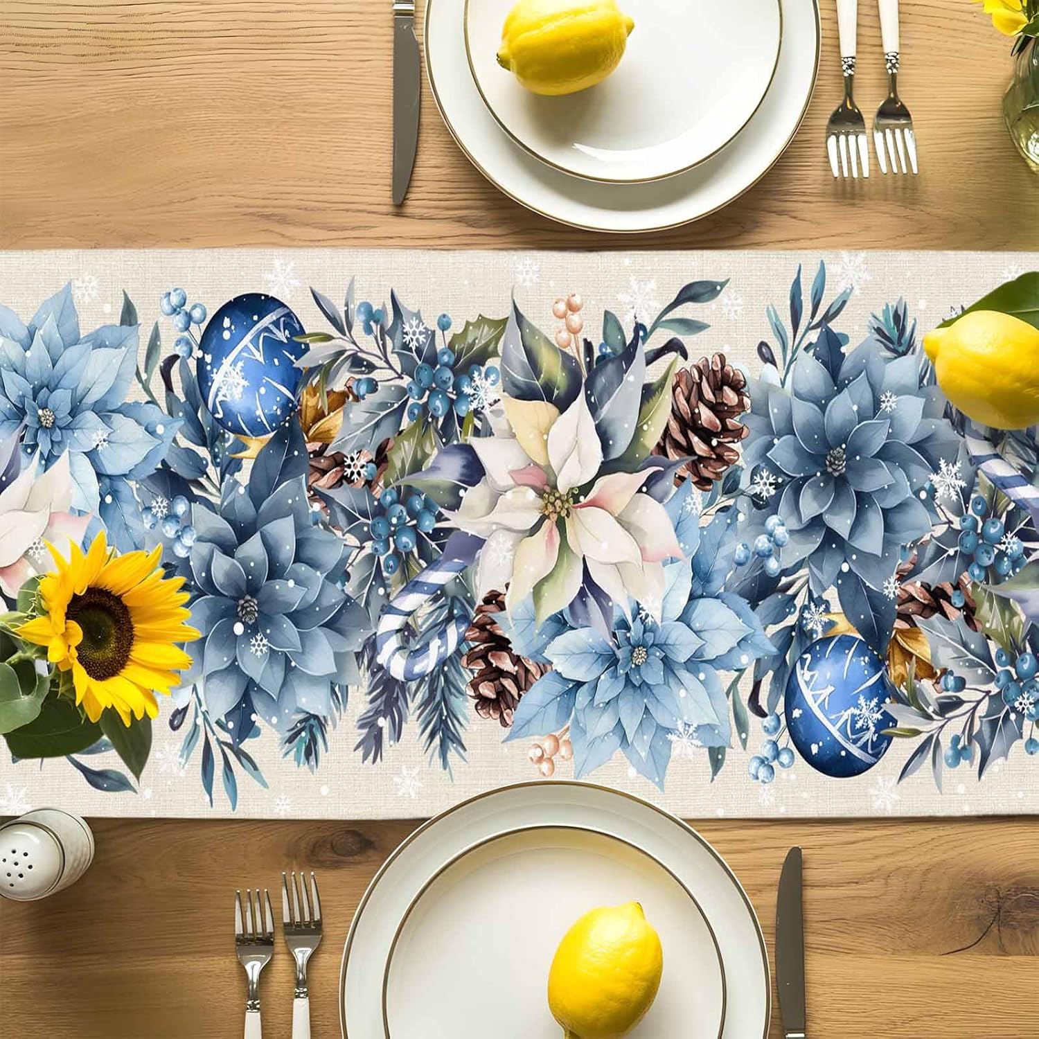 Christmas Blue Poinsettia Ball - Christmas Table Runner 评论和价格