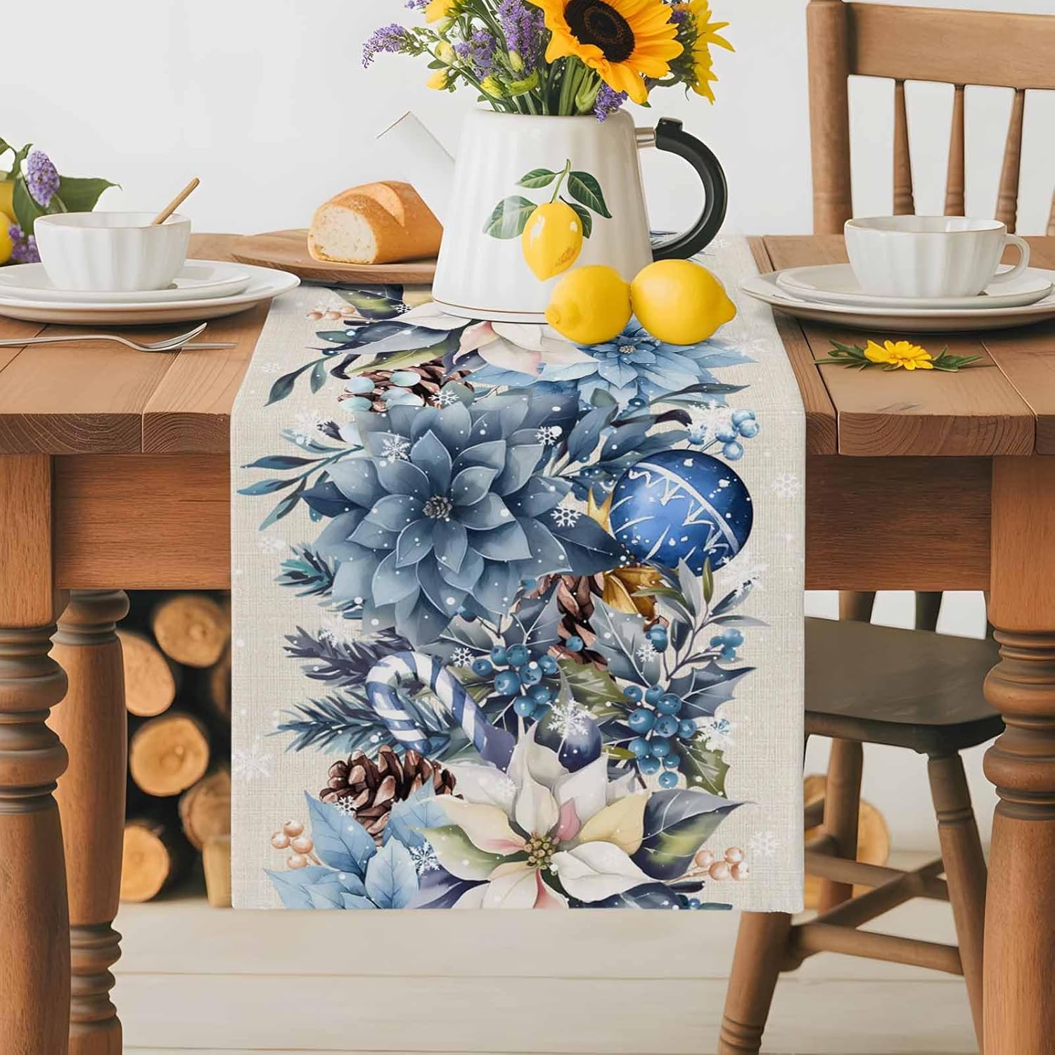 Christmas Blue Poinsettia Ball - Christmas Table Runner 评论和价格
